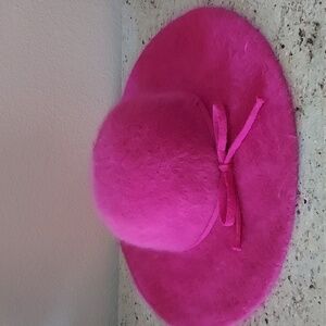 C.C. Cheveux Pink Bucket Hat. Wide Brim, Crafted With an Angora Knit Fabric.